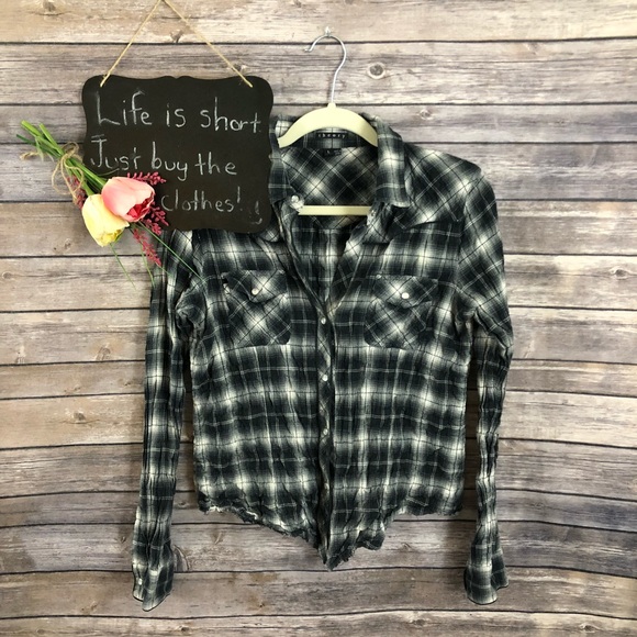 Theory Tops - Theory black white plaid pearl snap western button